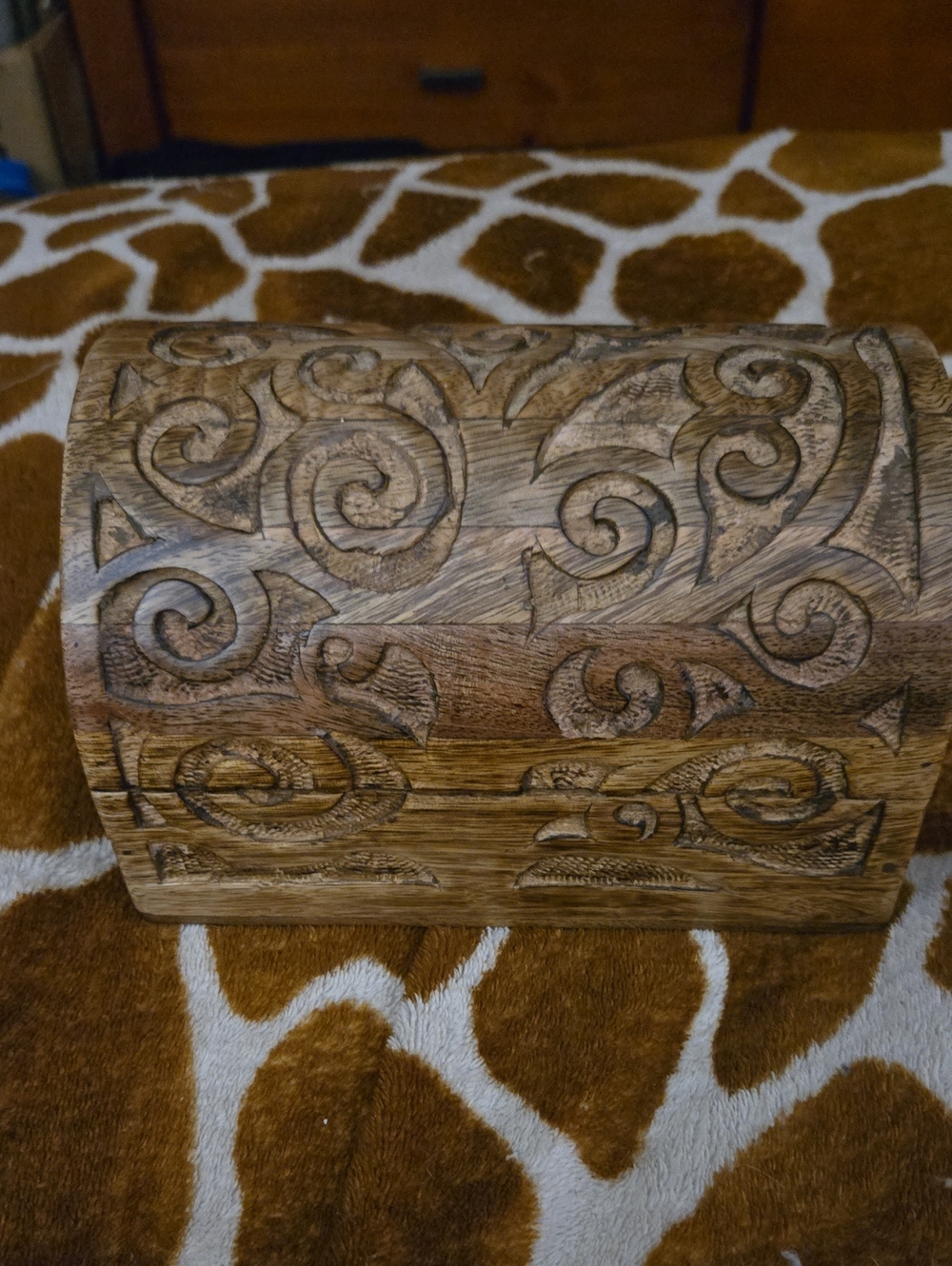 Hand-Carved Wooden Scroll Jewelry Box in Warm Brown
